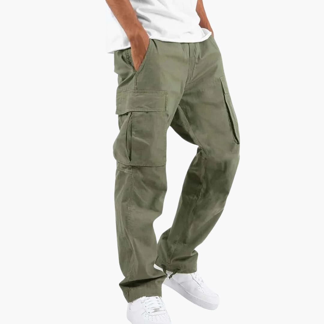 Men's olive cargo pants relaxed fit adjustable waist multiple utility pockets outdoor workwear