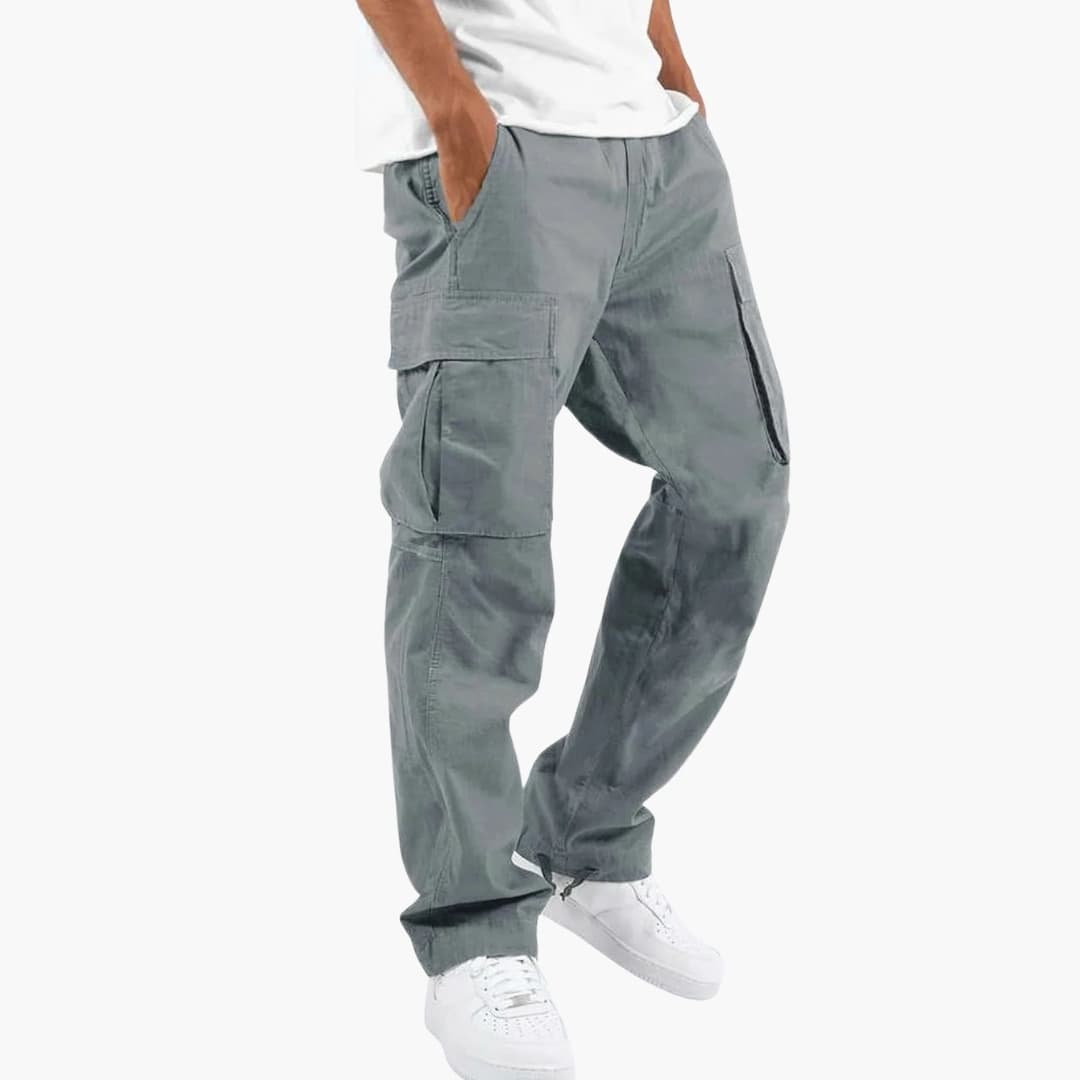 Men's olive cargo pants relaxed fit adjustable waist multiple utility pockets durable outdoor work
