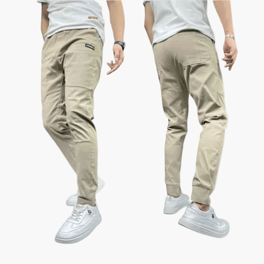 Men's khaki cargo pants stretch waistband six-pocket relaxed fit structured workwear
