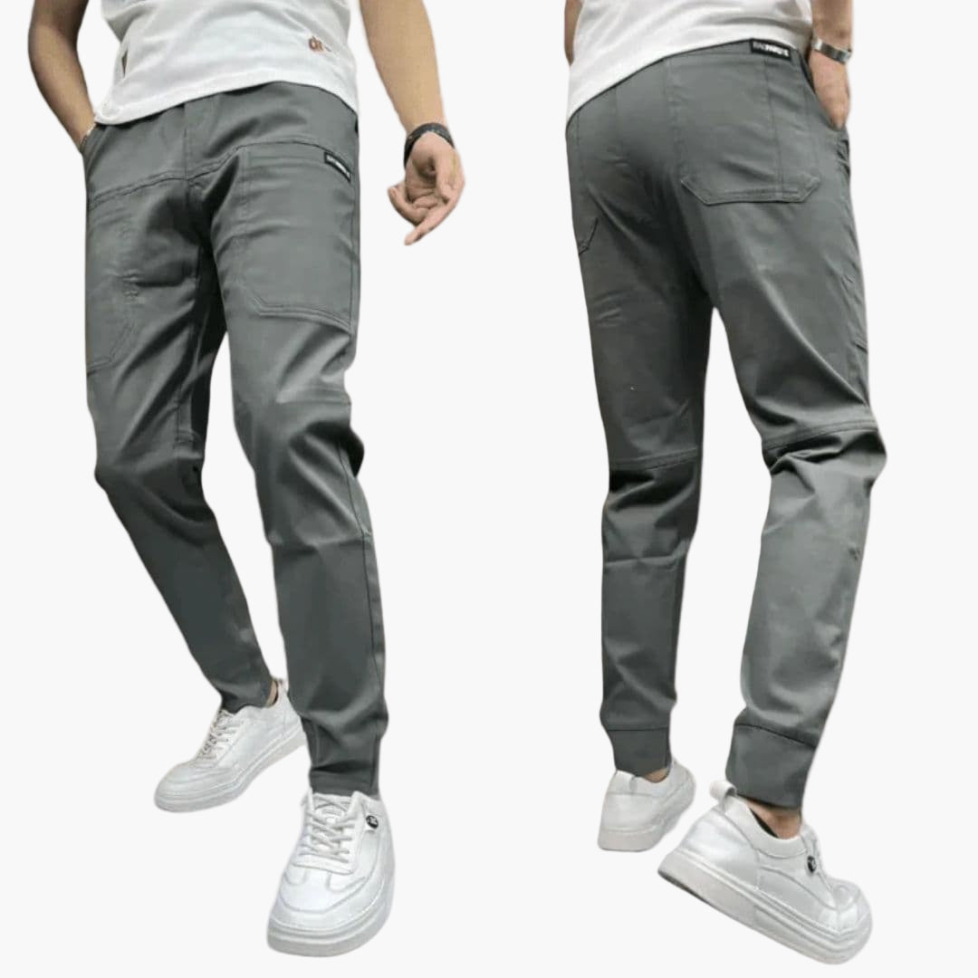 Men's khaki cargo pants with stretch waistband, six pockets, and structured fit for workwear
