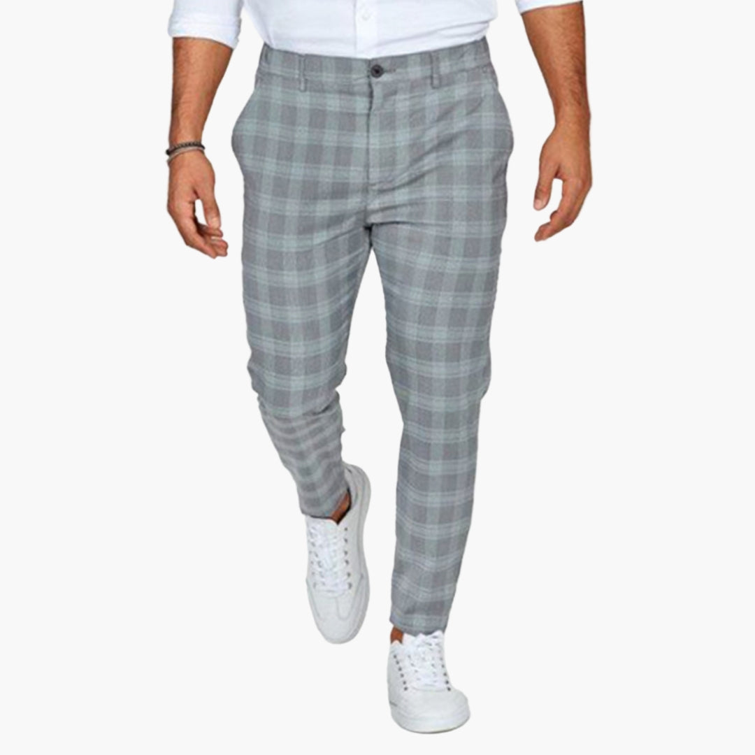 Men's slim fit checkered chino pants with built-in belt and stretch fabric zip closure