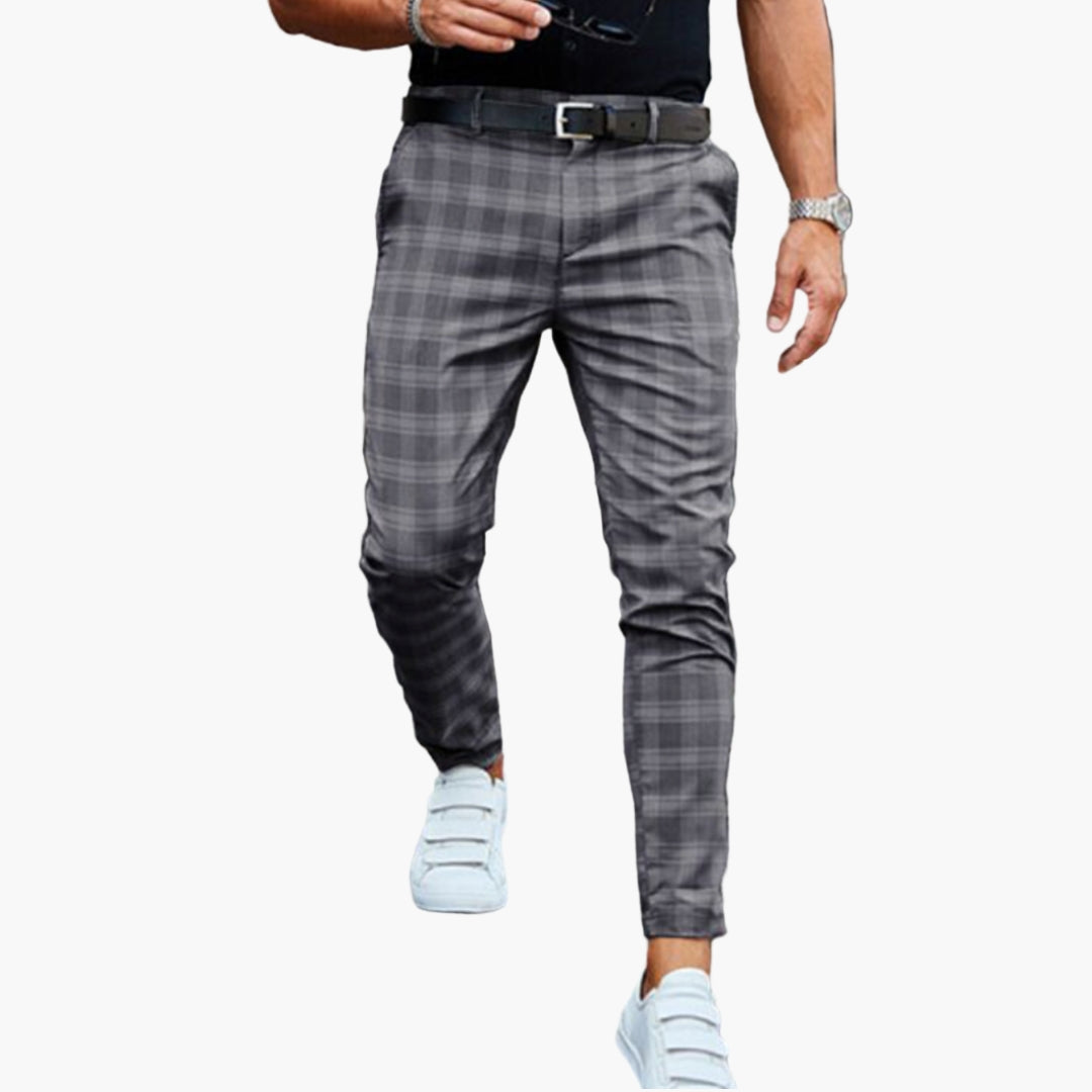 Men's slim fit checkered chino pants with built-in belt and stretch fabric zip closure