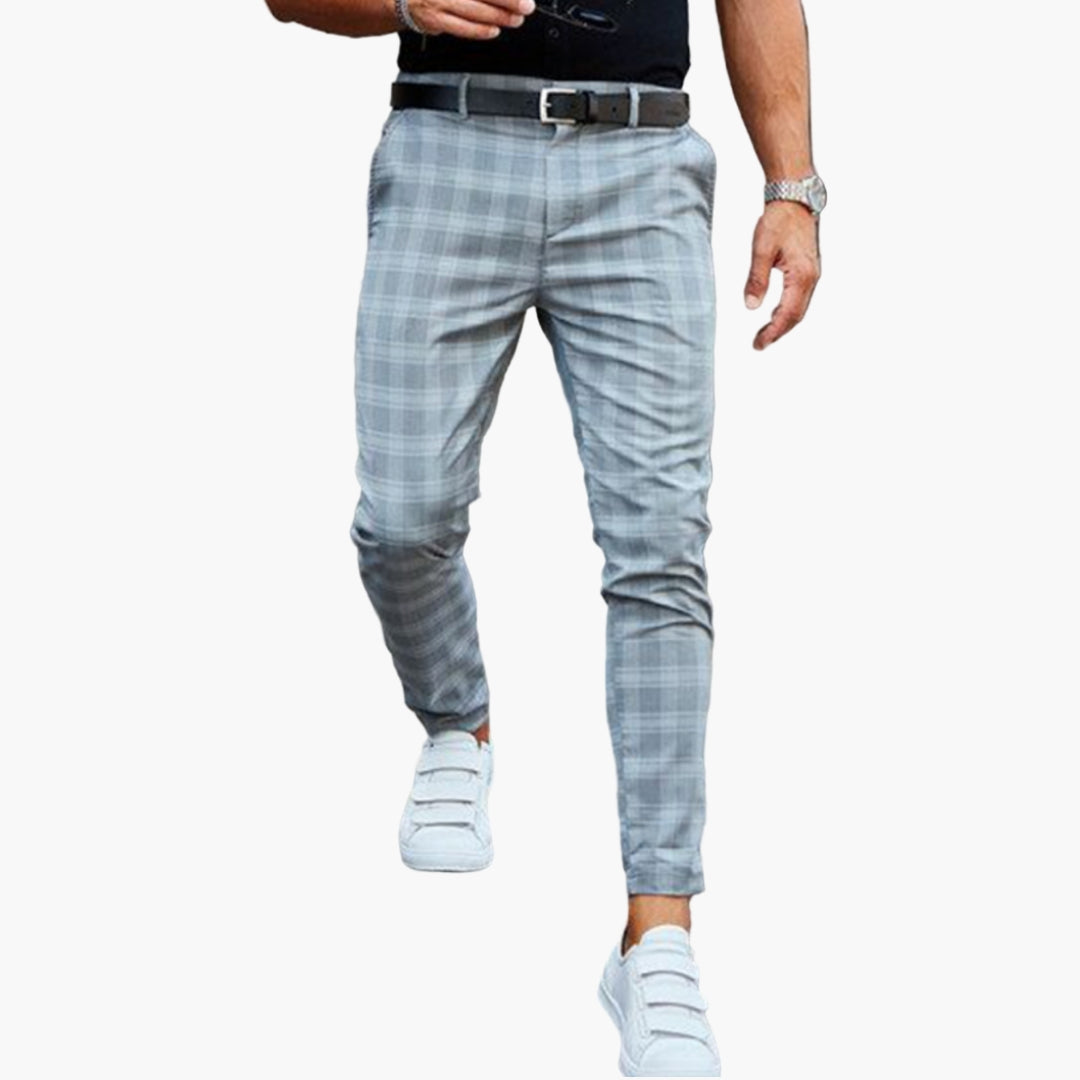 Men's slim fit checkered chino pants with built-in belt and stretch fabric zip closure