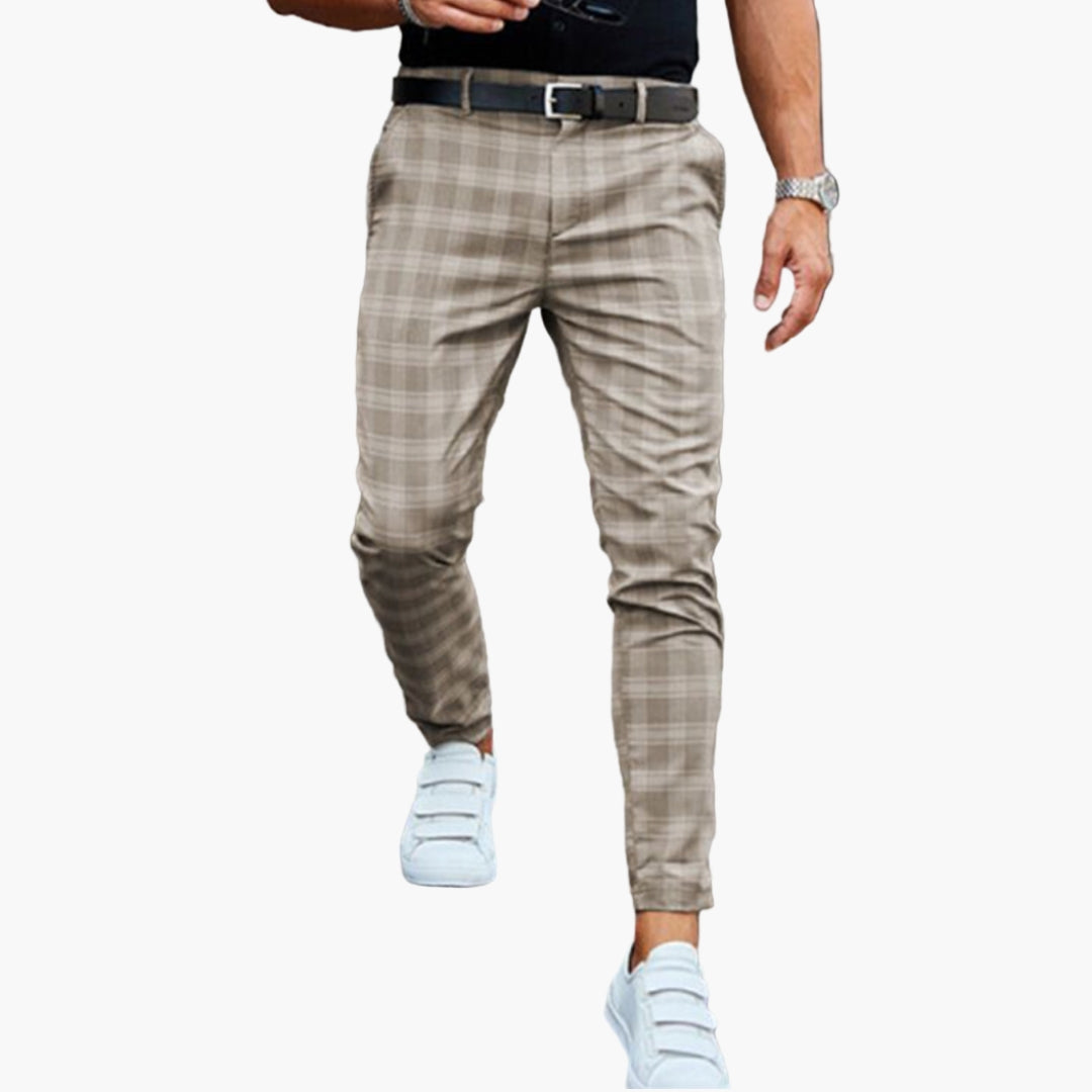 Men's slim fit checkered chino pants with built-in belt and stretch fabric zip closure