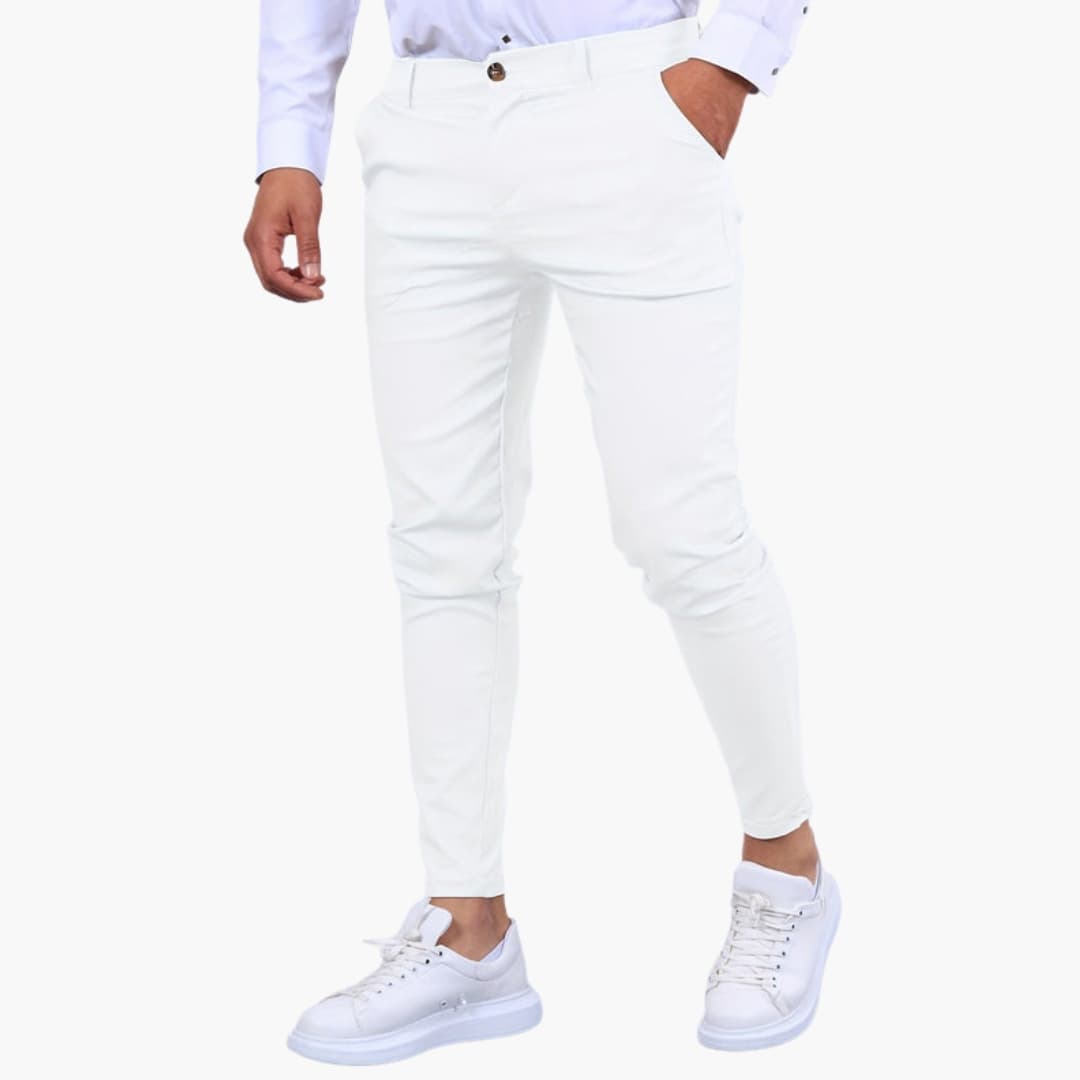 Men's slim fit tapered chino pants smart casual mid-rise waist button zip closure modern silhouette