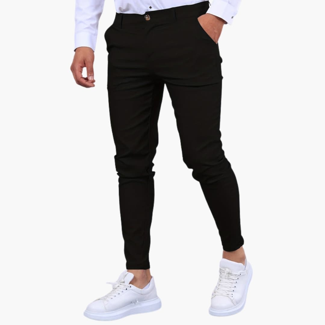 Men's slim fit tapered chino pants smart casual mid-rise waist button zip closure modern silhouette