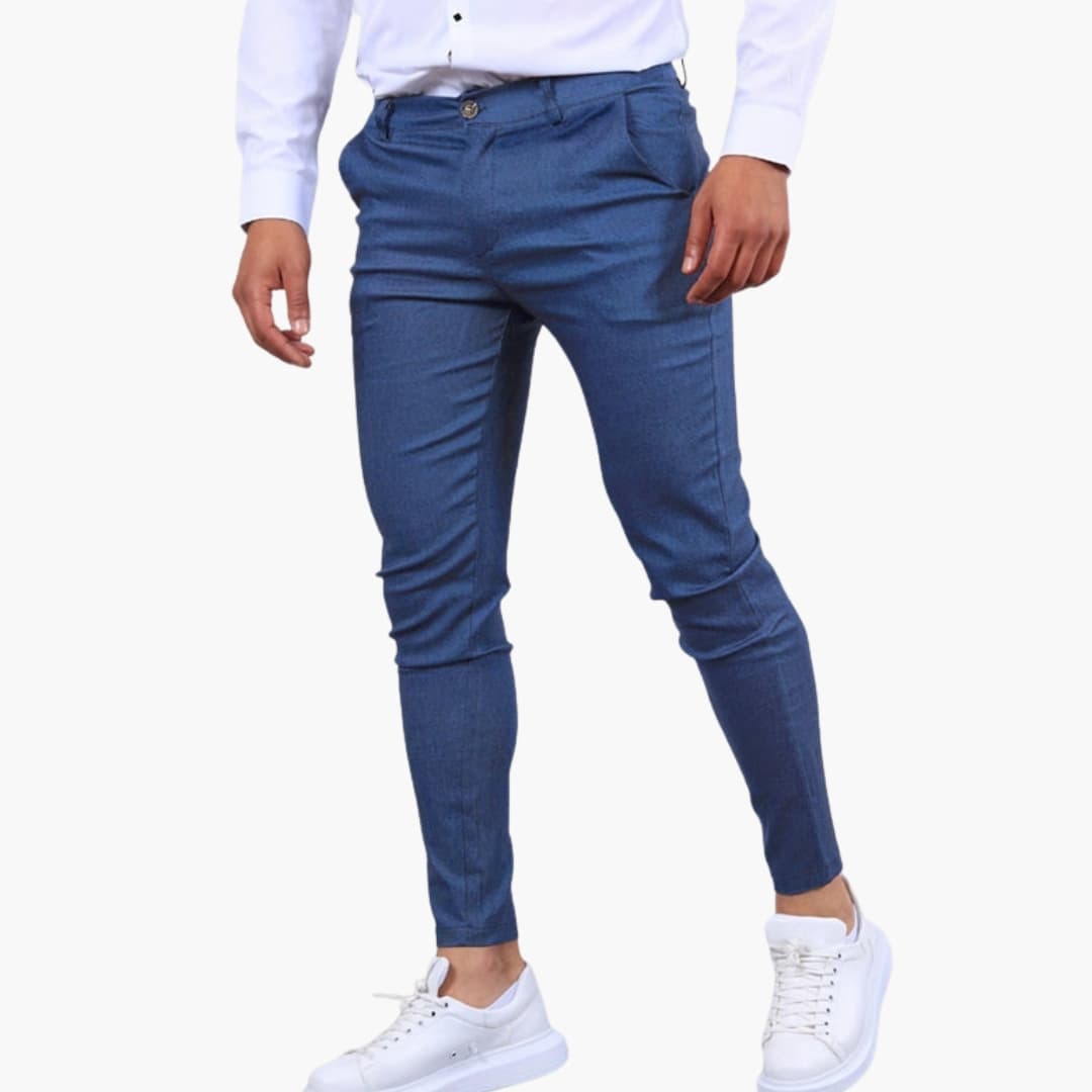 Men's slim fit tapered chino pants smart casual mid-rise waist button zip closure modern silhouette