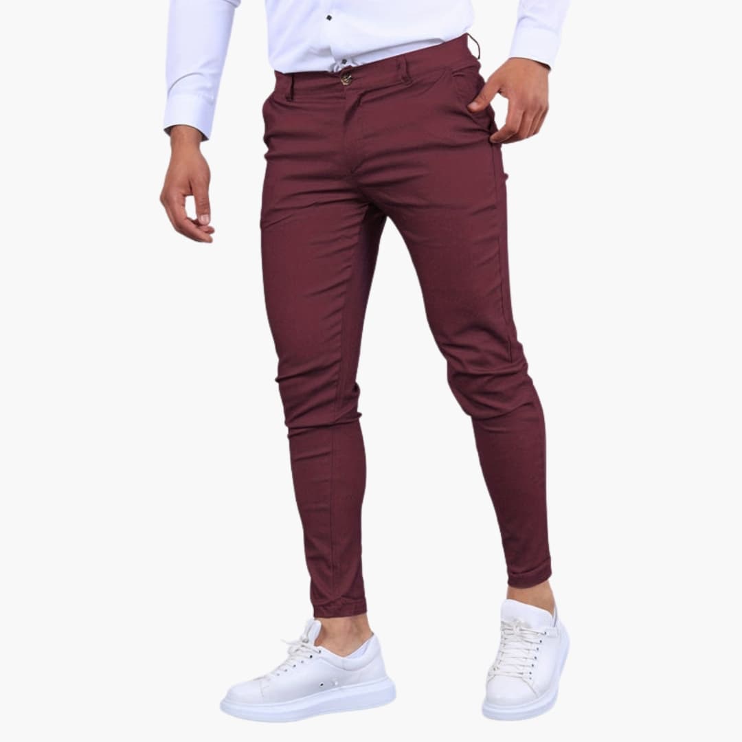 Men's slim fit tapered chino pants smart casual mid-rise waist button zip closure modern silhouette