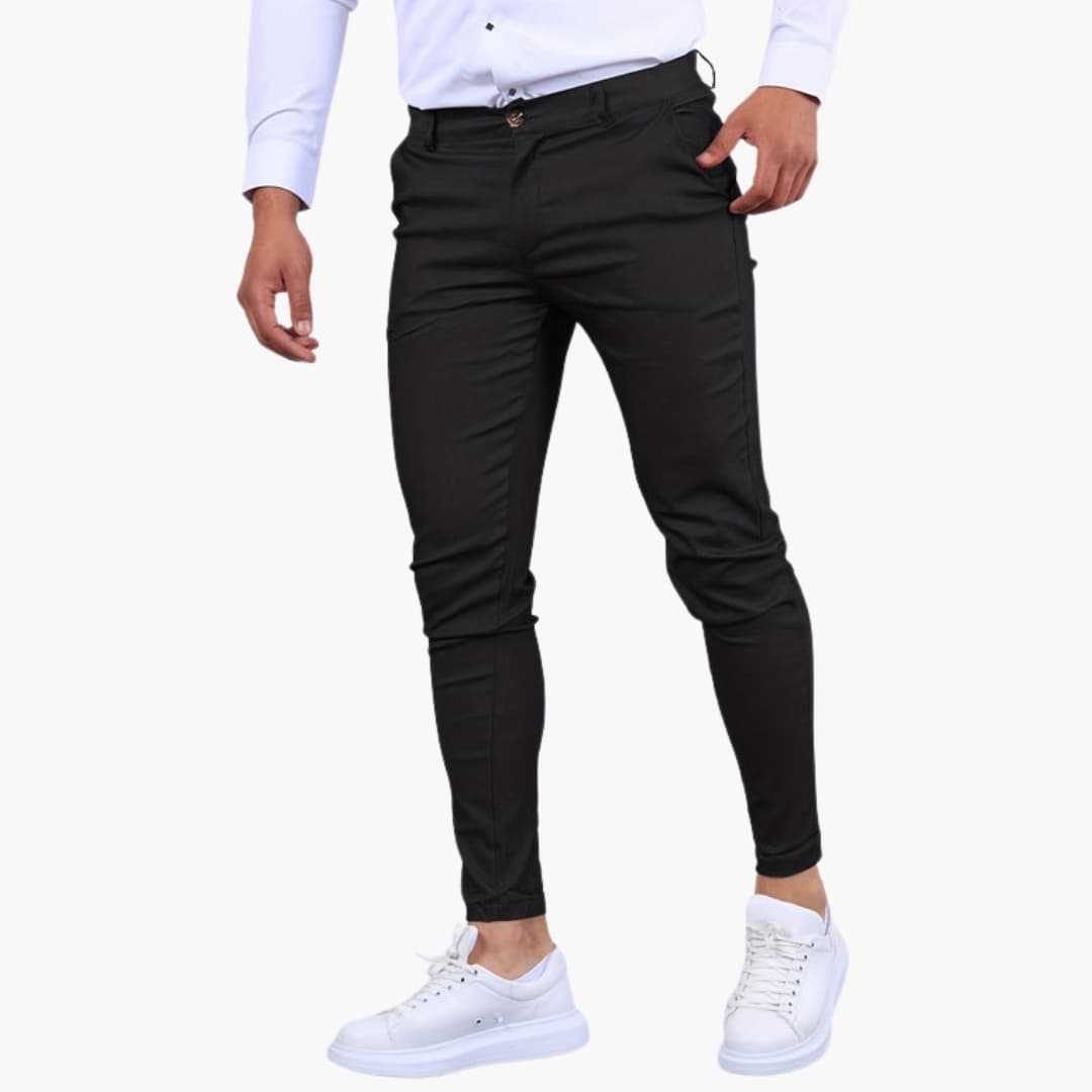 Men's slim fit tapered chino pants smart casual mid-rise waist button zip closure modern silhouette