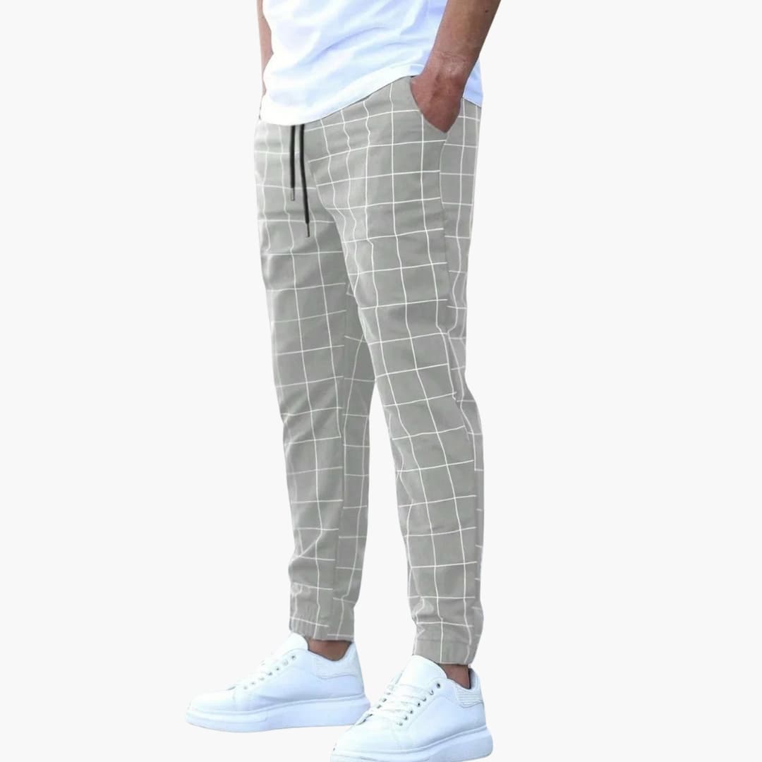 Men's black white checkered jogger pants elastic waistband side pockets athleisure casual fit