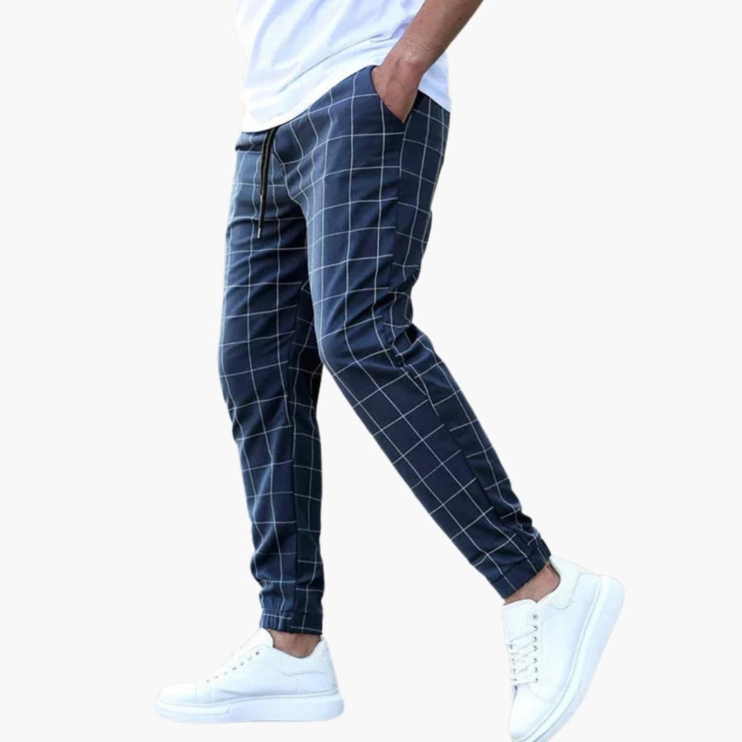 Men's black white checkered jogger pants elastic waistband side pockets athleisure casual fit