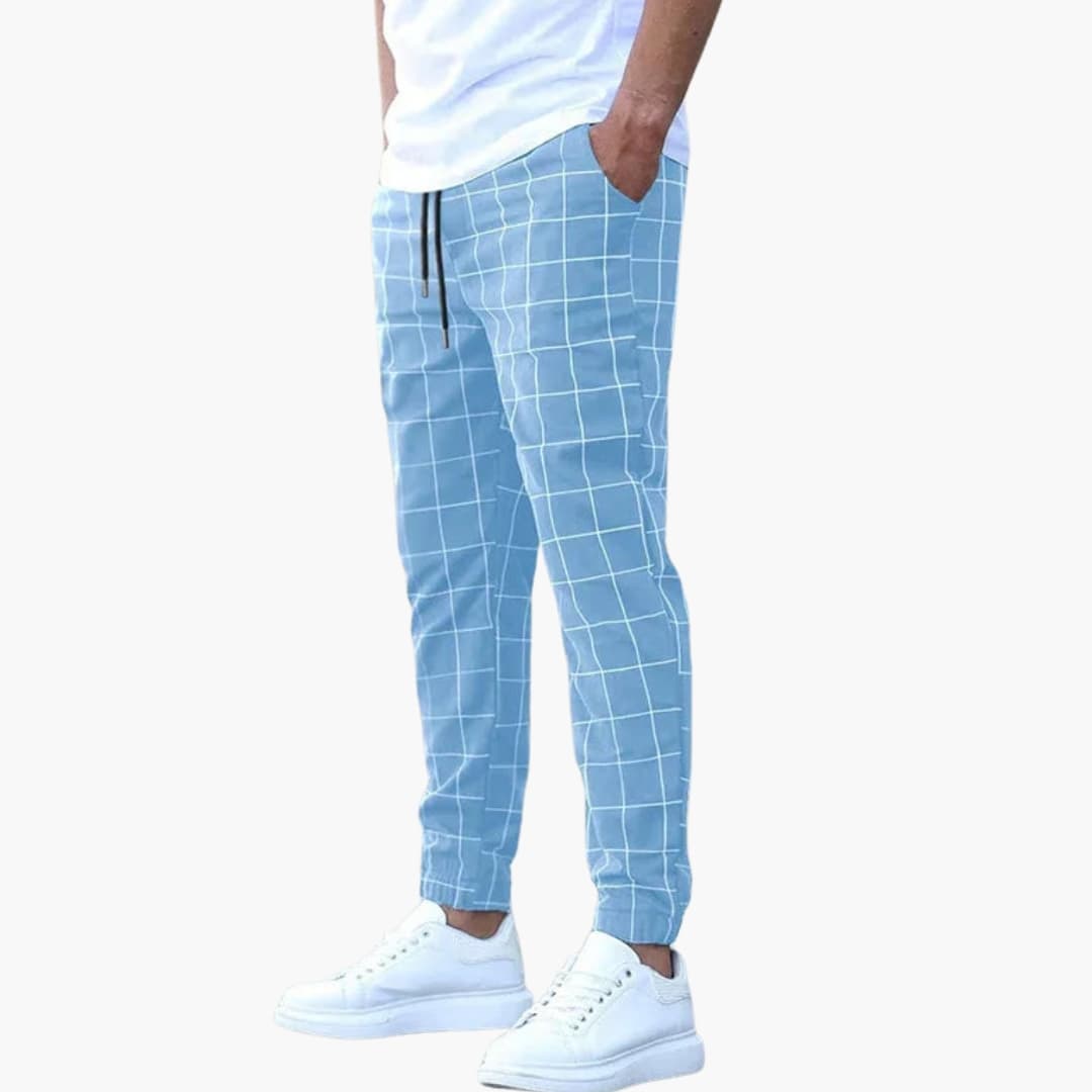 Men's black white checkered jogger pants elastic waistband side pockets relaxed athleisure fit