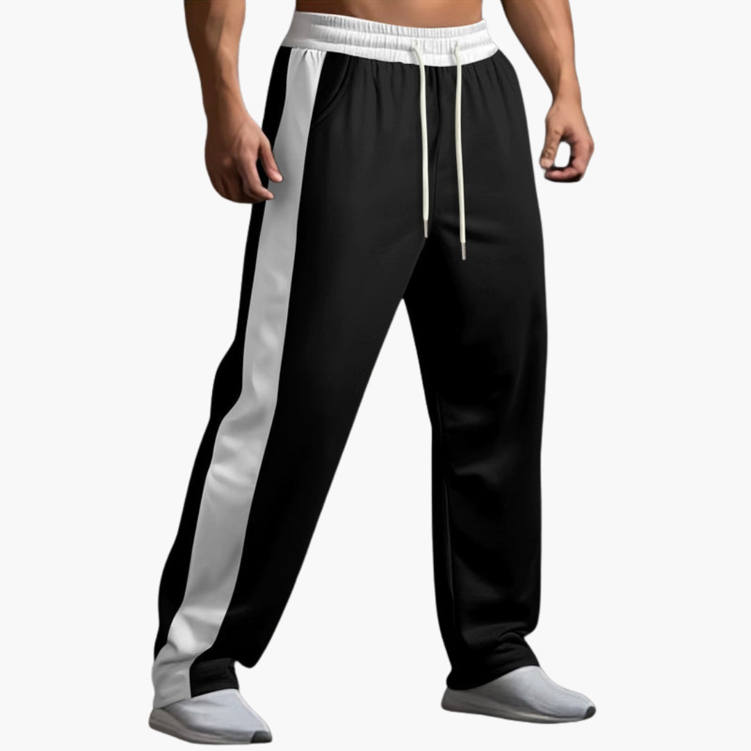 Men's gray jogging pants with contrasting side stripes, straight fit, and adjustable elastic drawstring waistband