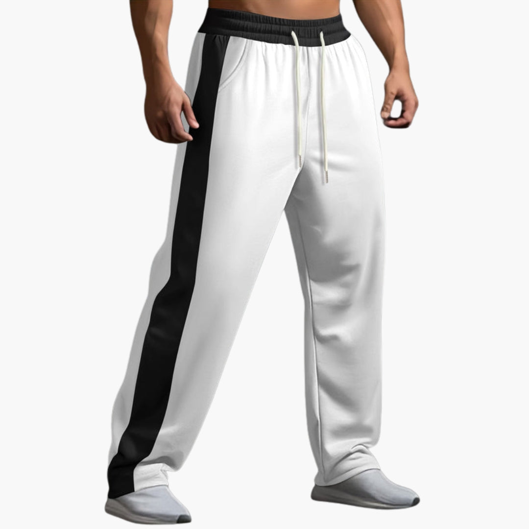 Men's gray jogger pants with contrasting side stripes, straight fit, and adjustable elastic drawstring waistband