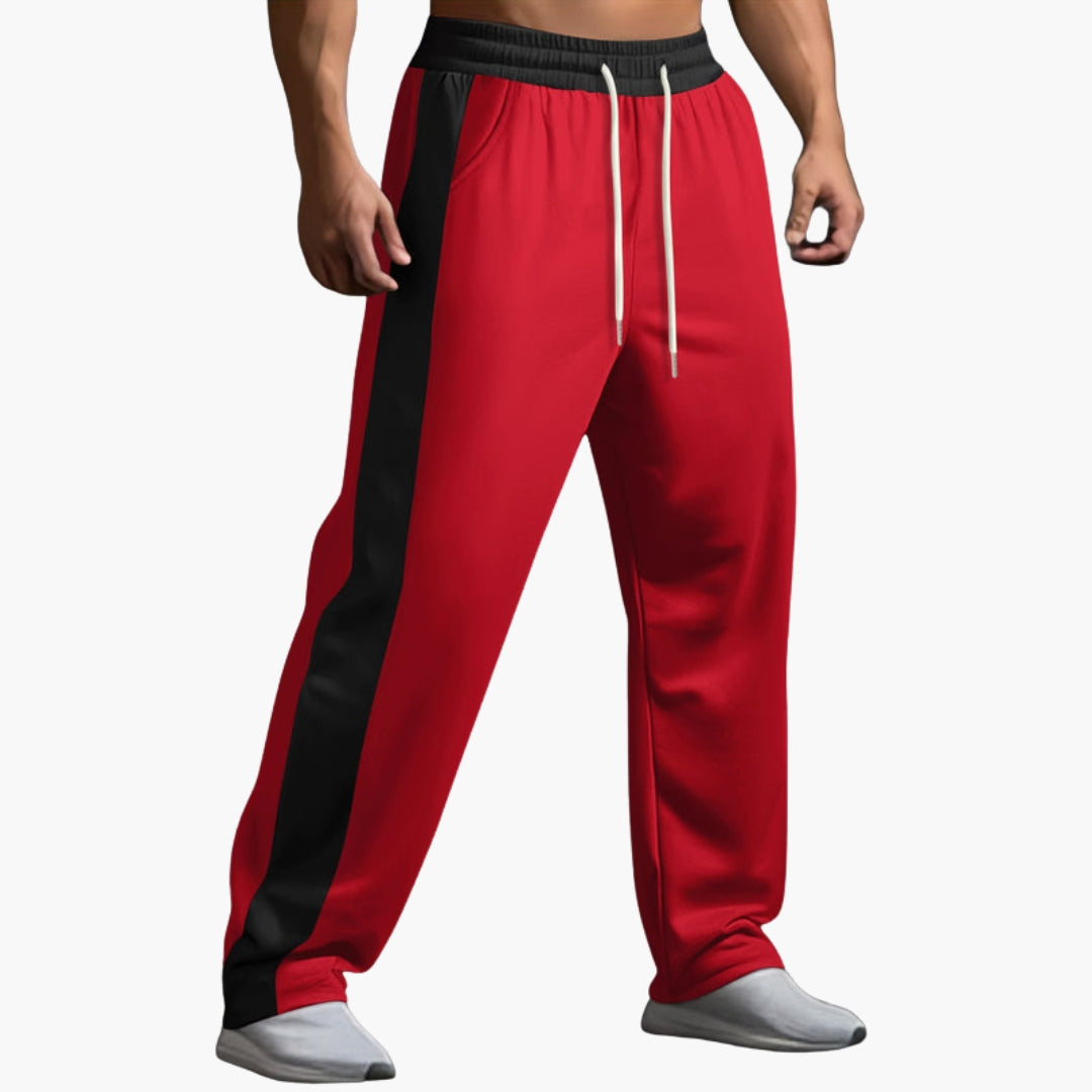 Men's gray jogger pants with contrasting side stripes, straight fit, and adjustable elastic drawstring waistband
