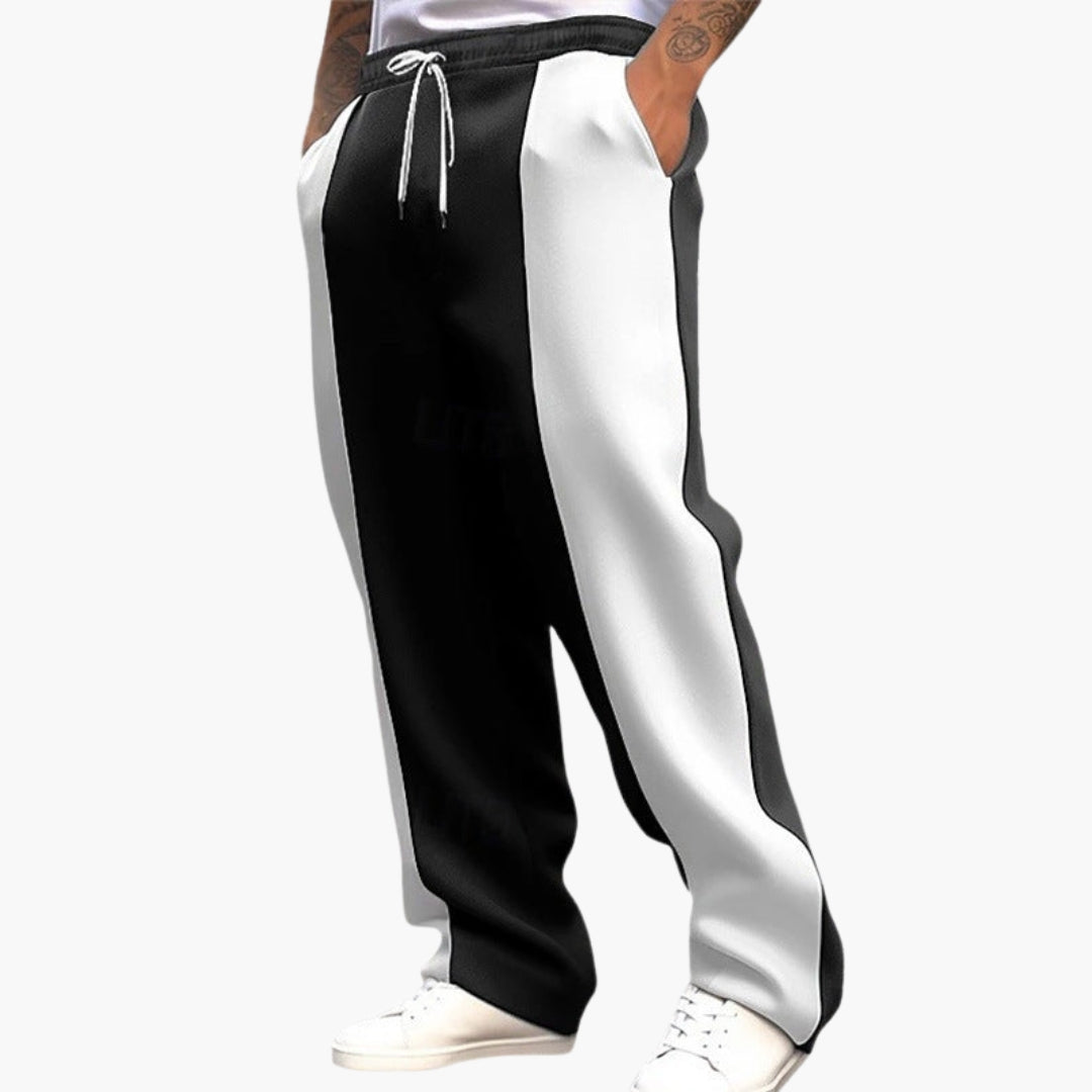 Men's straight-leg athletic pants with elastic waistband, drawstring, striped pattern and side pockets