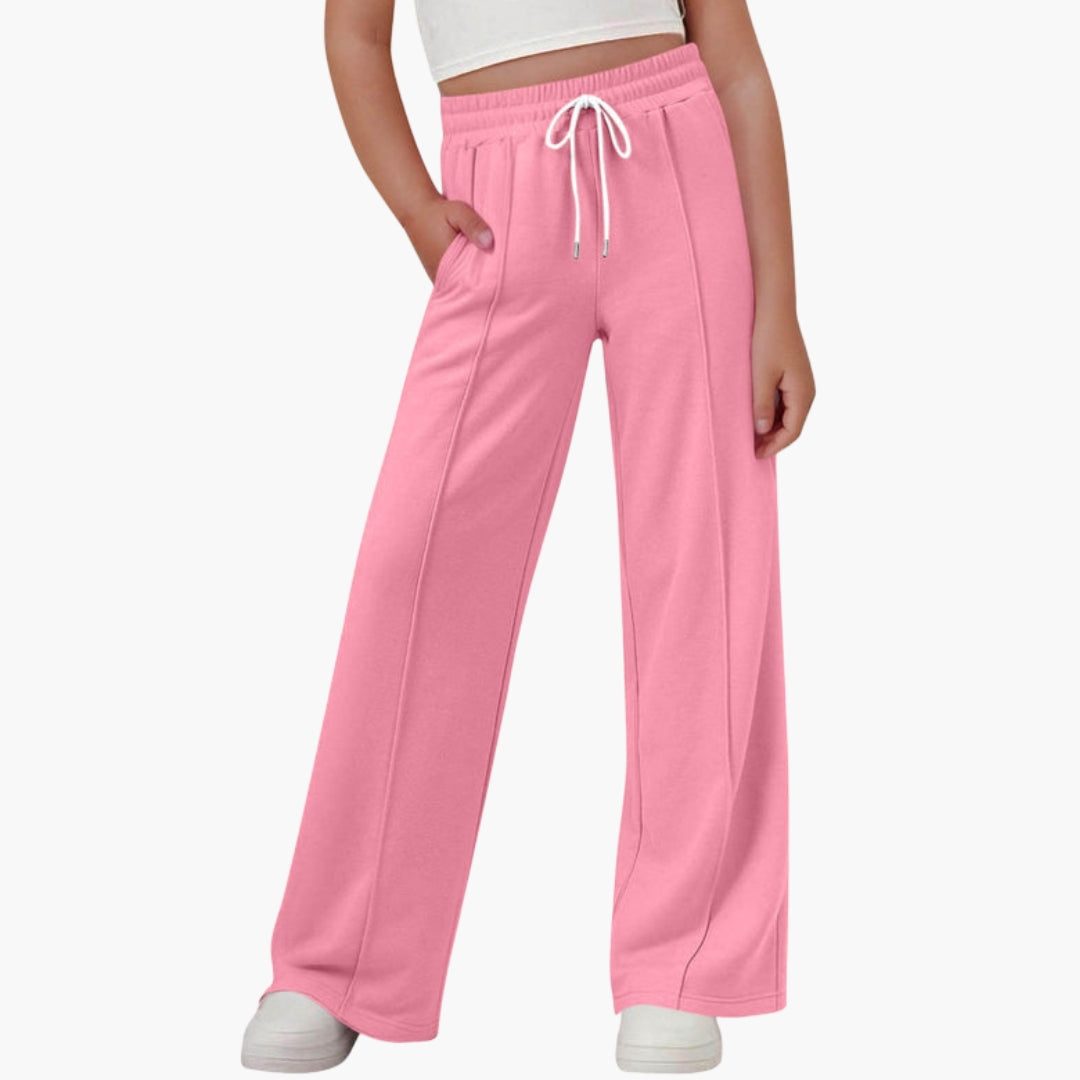 Women's wide-leg sports pants with adjustable drawstring waist, side pockets, relaxed active fit