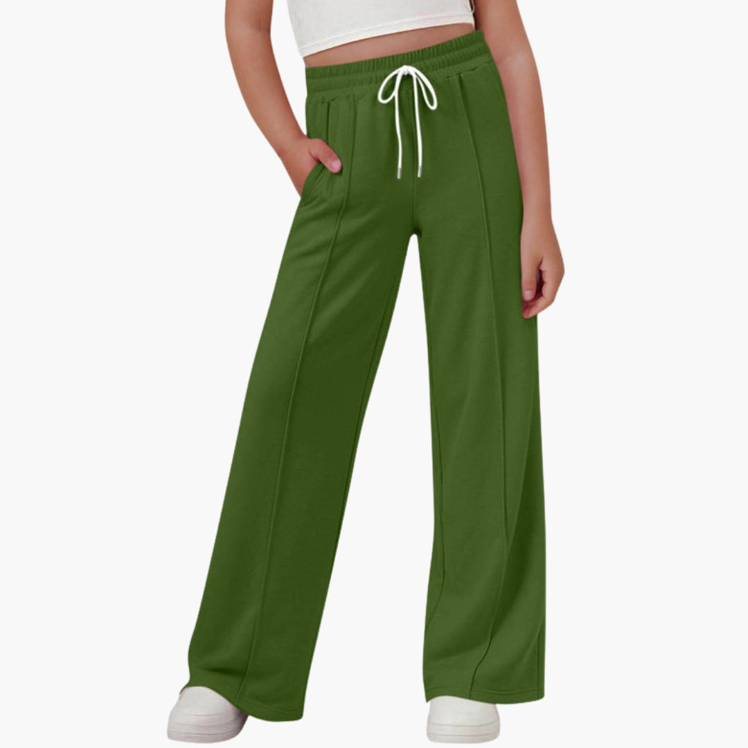 Women's wide-leg sports pants with adjustable drawstring waist, side pockets, relaxed active fit