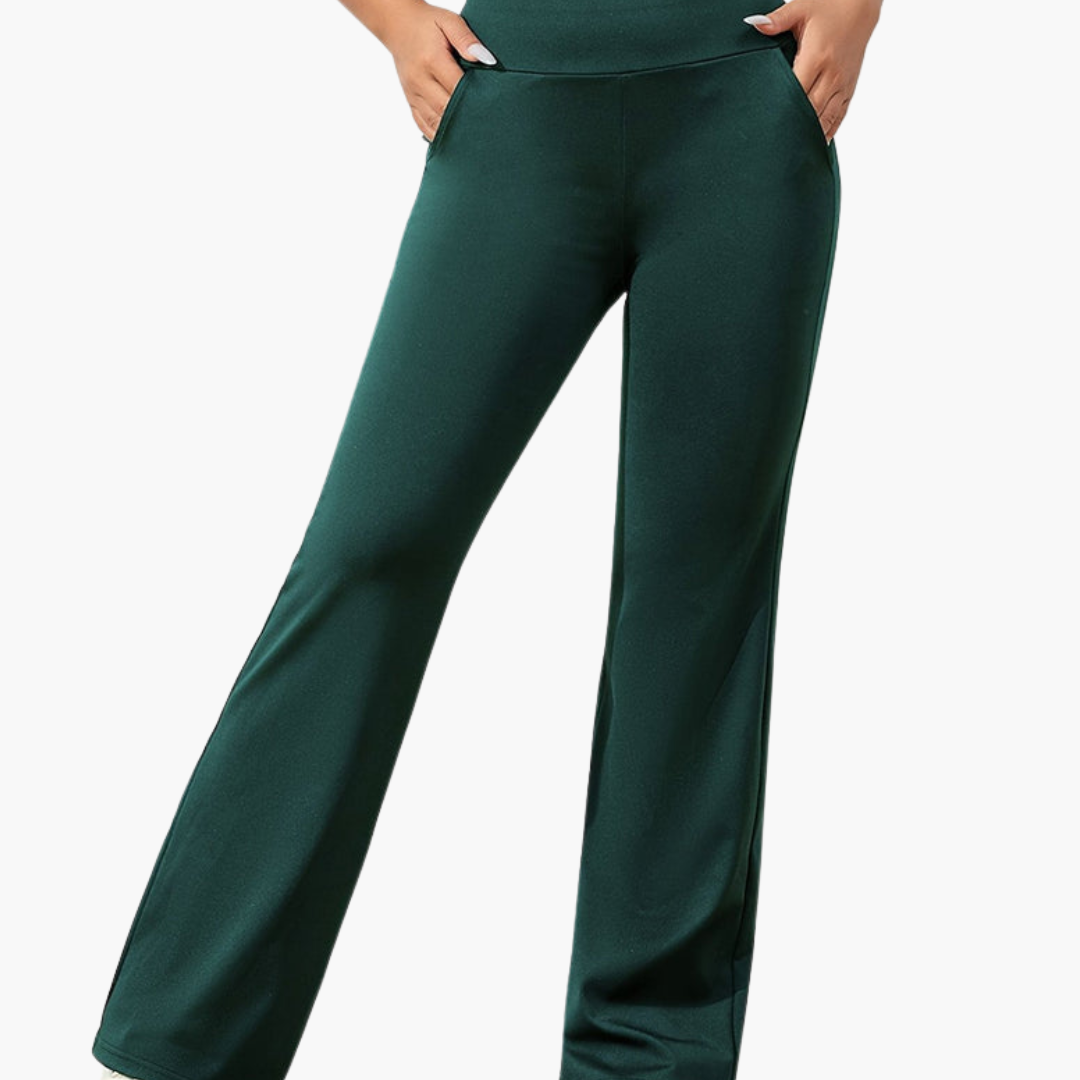 Women's flared knit pants with elastic waistband, side pockets, pull-on comfort fit