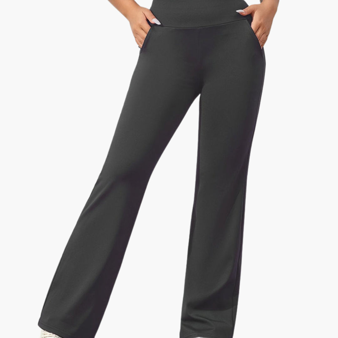 Women's black flared knit pants with elastic waistband, side pockets, and pull-on comfort fit