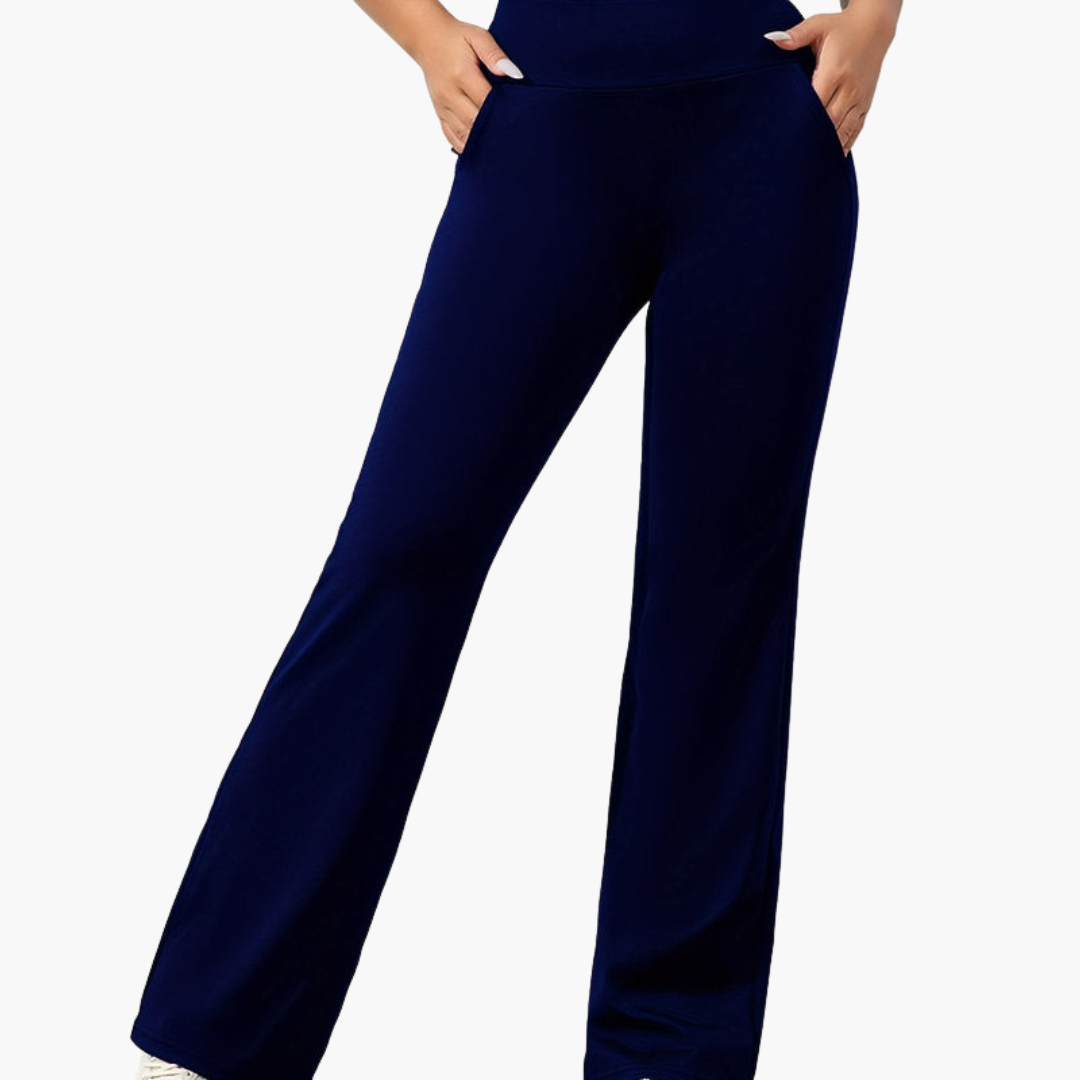 Women's flared knit pants with elastic waistband, side pockets, pull-on comfort style