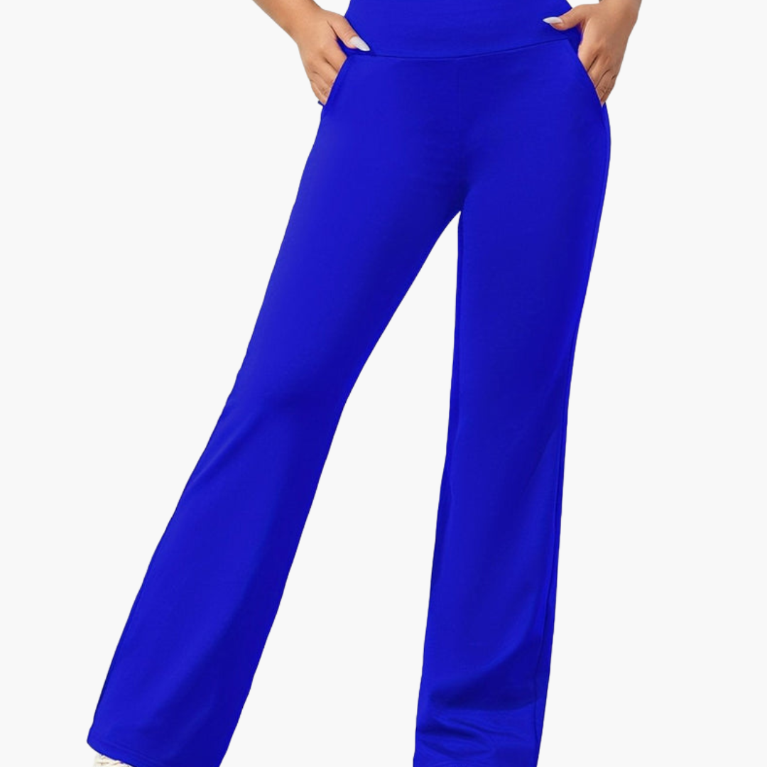 Women's black flared knit pants with elastic waistband, side pockets, and pull-on comfort fit