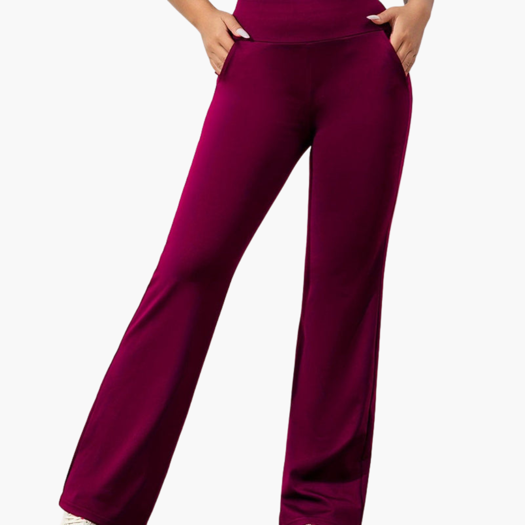Women's flared knit pants with elastic waistband, side pockets, pull-on comfort casual style