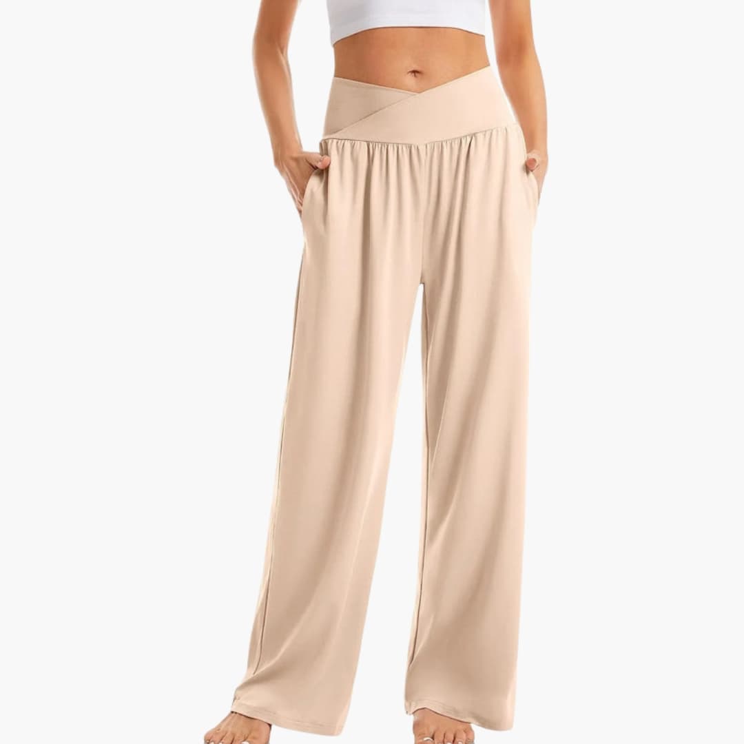 Women's wide leg pants elastic waistband side pockets relaxed fit minimalist everyday comfort