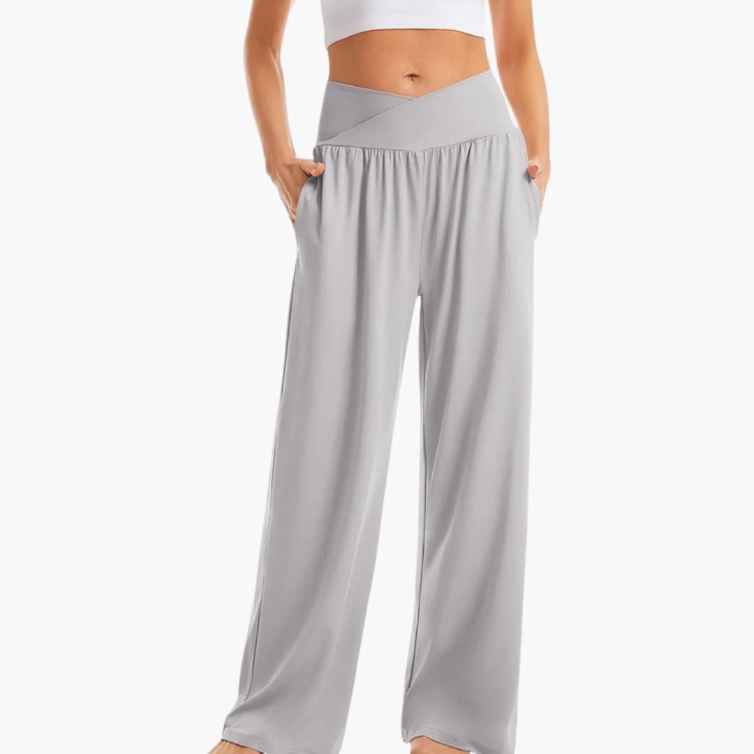 Women's wide leg pants elastic waistband side pockets relaxed fit minimalist everyday comfort