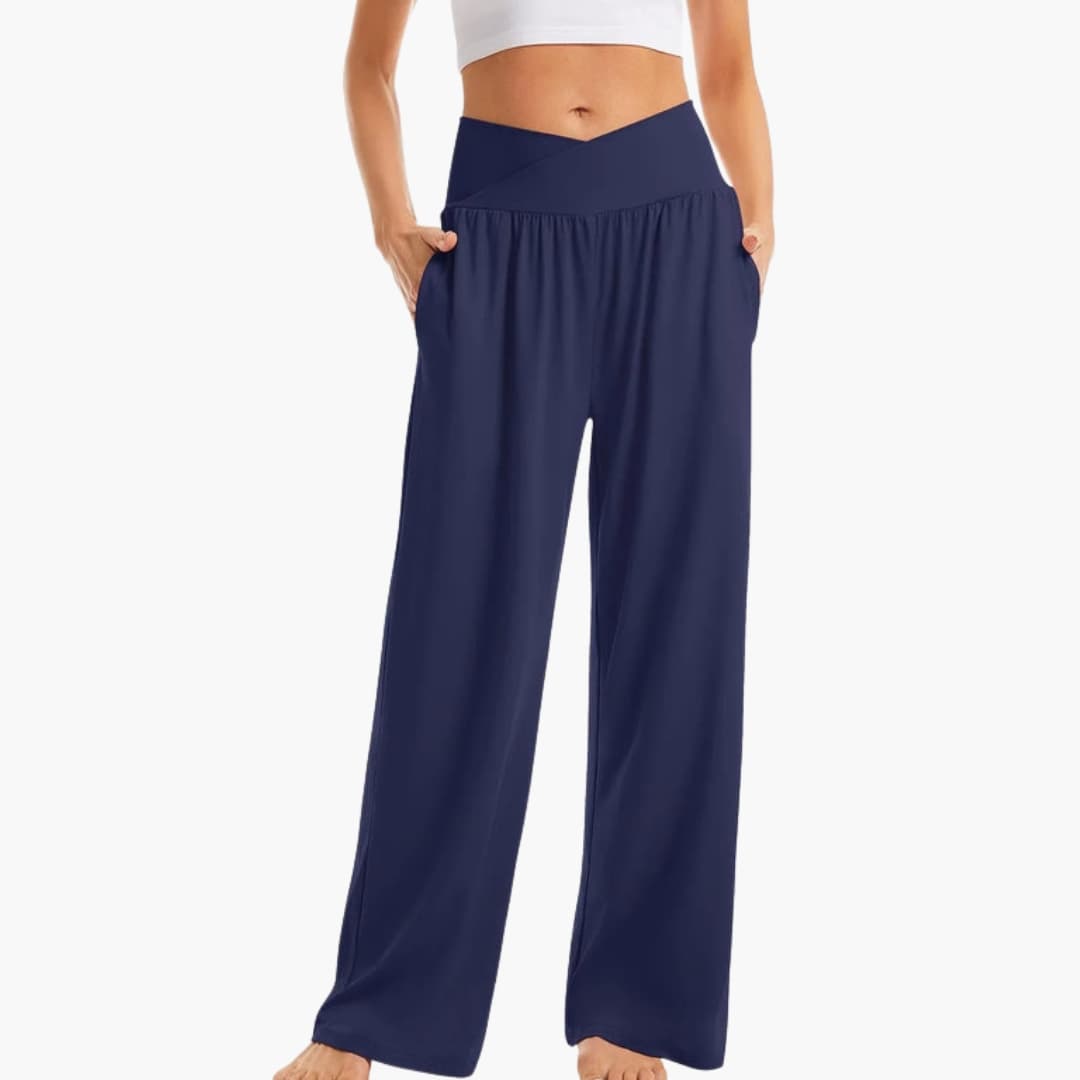 Women's wide leg pants elastic waistband side pockets relaxed fit minimalist everyday comfort