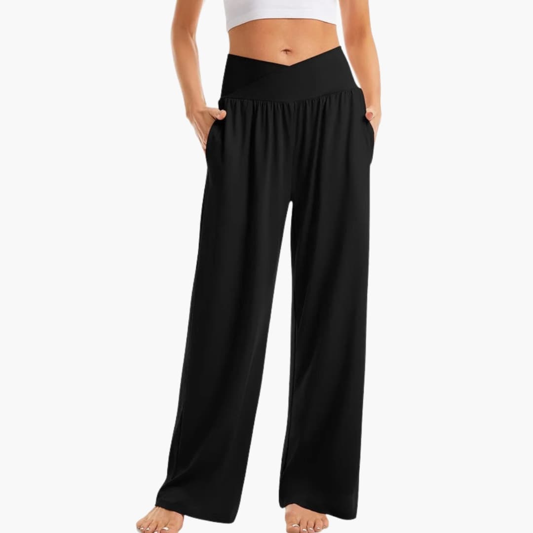 Women's wide leg pants elastic waistband side pockets relaxed fit minimalist everyday comfort
