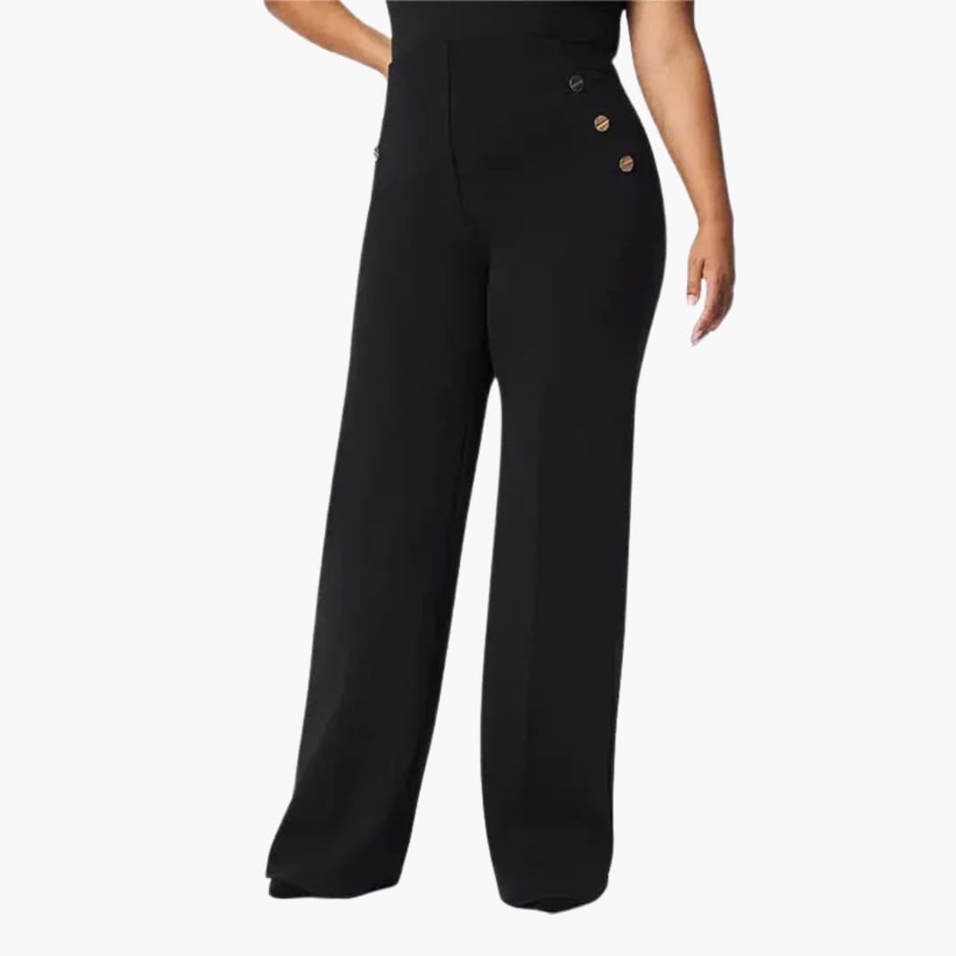 Women high-waisted wide-leg pants with gold decorative buttons, elegant structured silhouette
