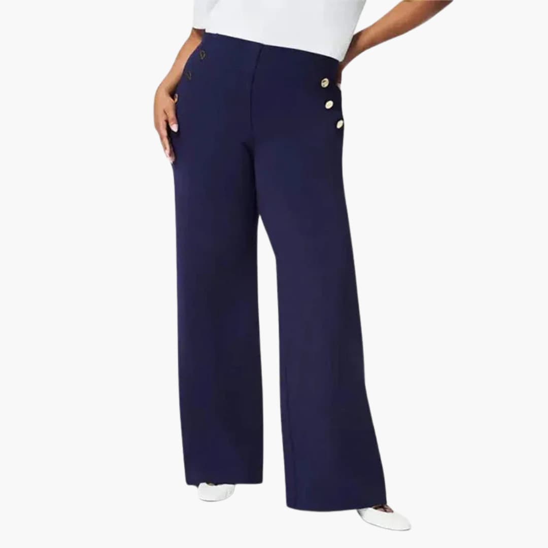 Women high-waisted wide-leg pants with gold decorative buttons, elegant structured silhouette
