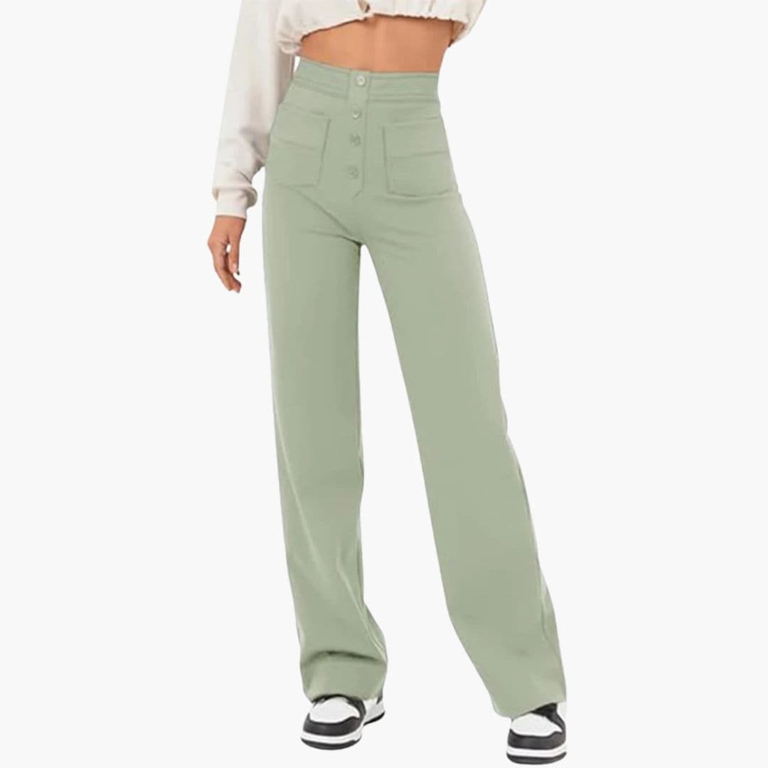 Women's high waisted straight leg pants with front patch pockets and adjustable belt closure