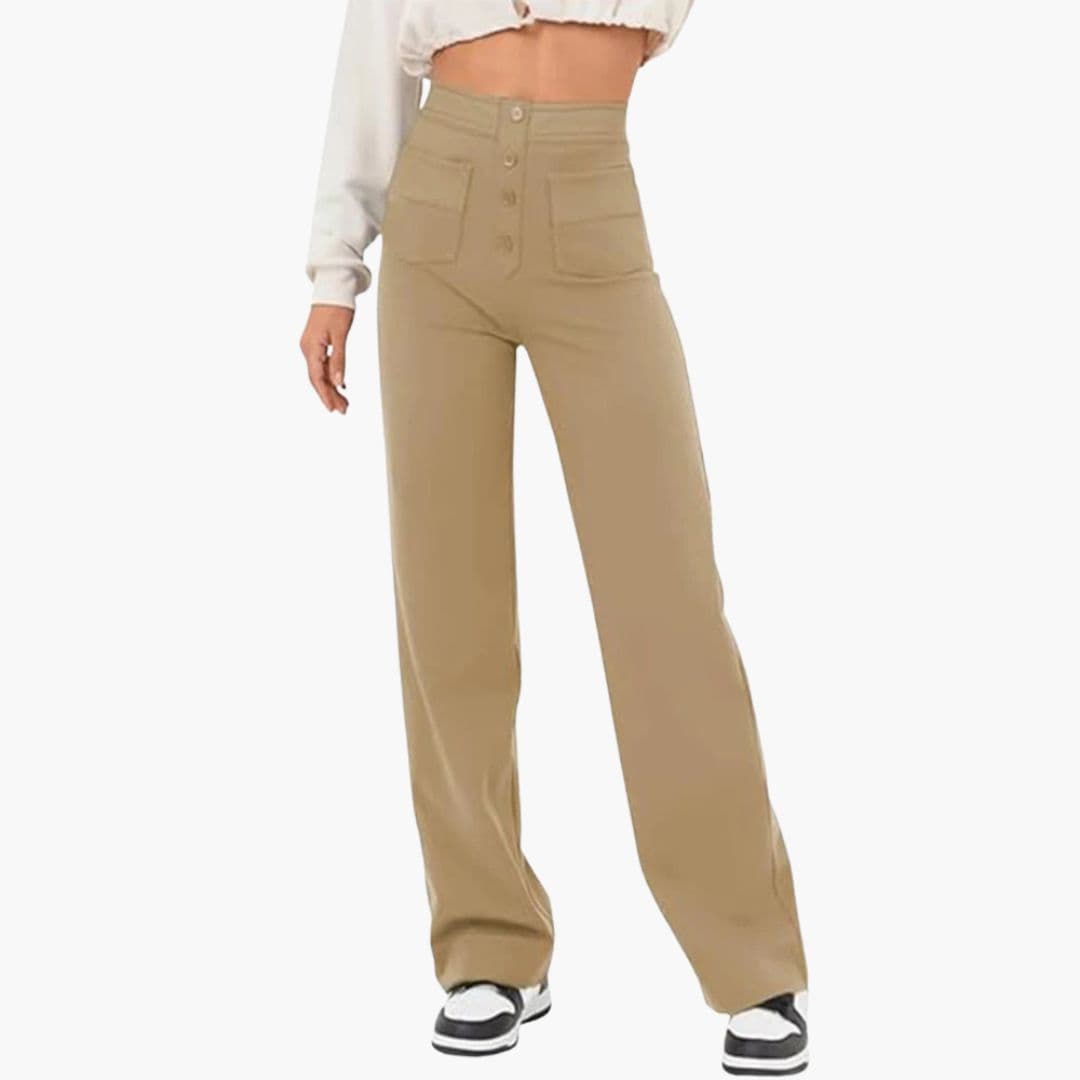 Women's high waisted straight leg pants with front patch pockets and adjustable belt closure
