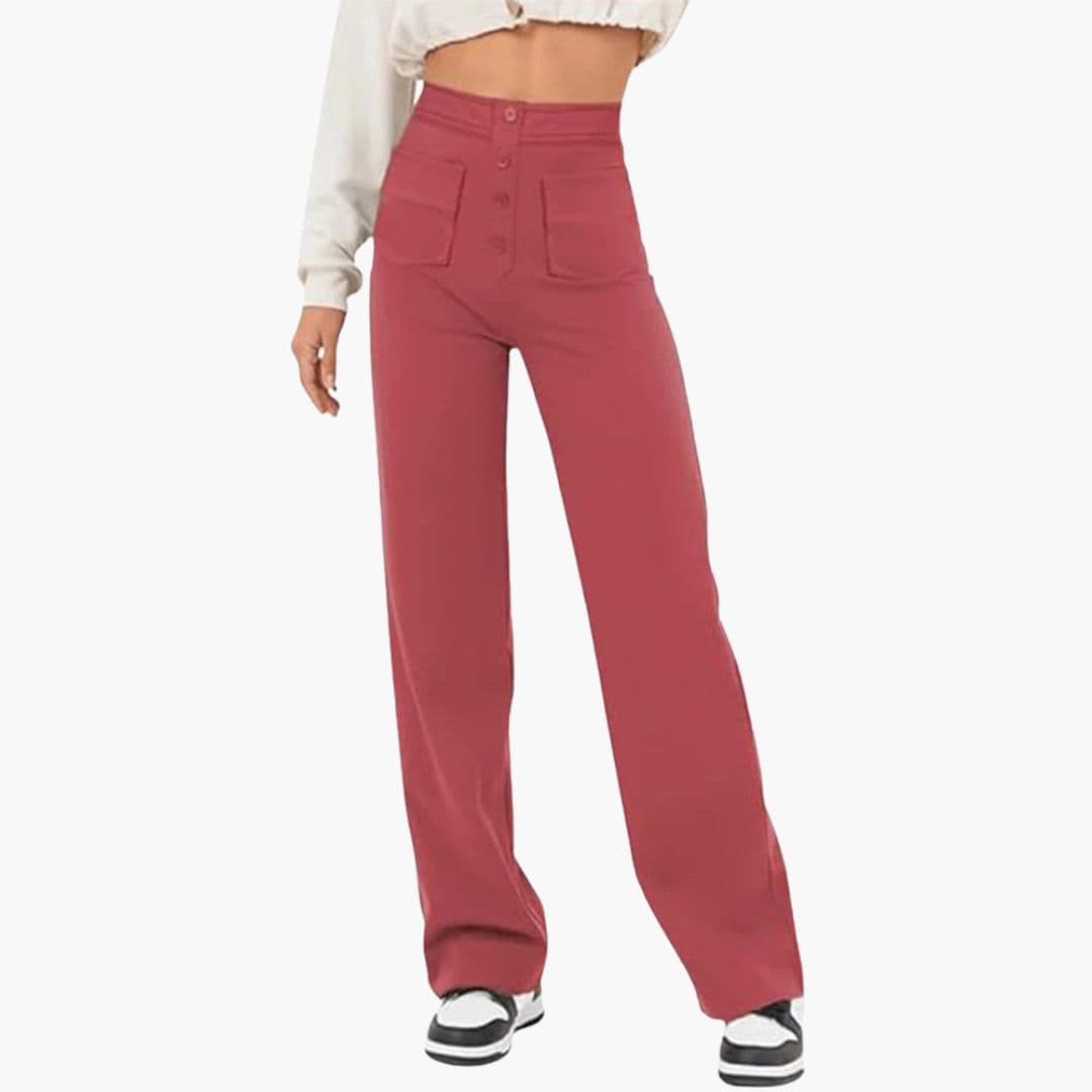 Women's high waisted straight leg pants with front patch pockets, adjustable belt, button closure