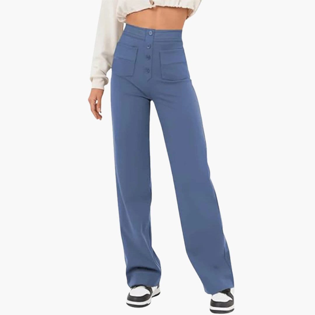 Women's high waist straight leg pants with front patch pockets, adjustable belt, button closure