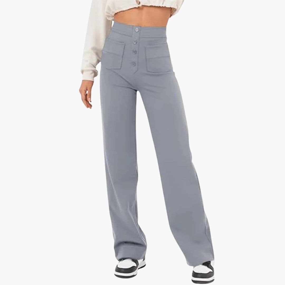 Women's high waist straight leg pants with front patch pockets, adjustable belt, button closure