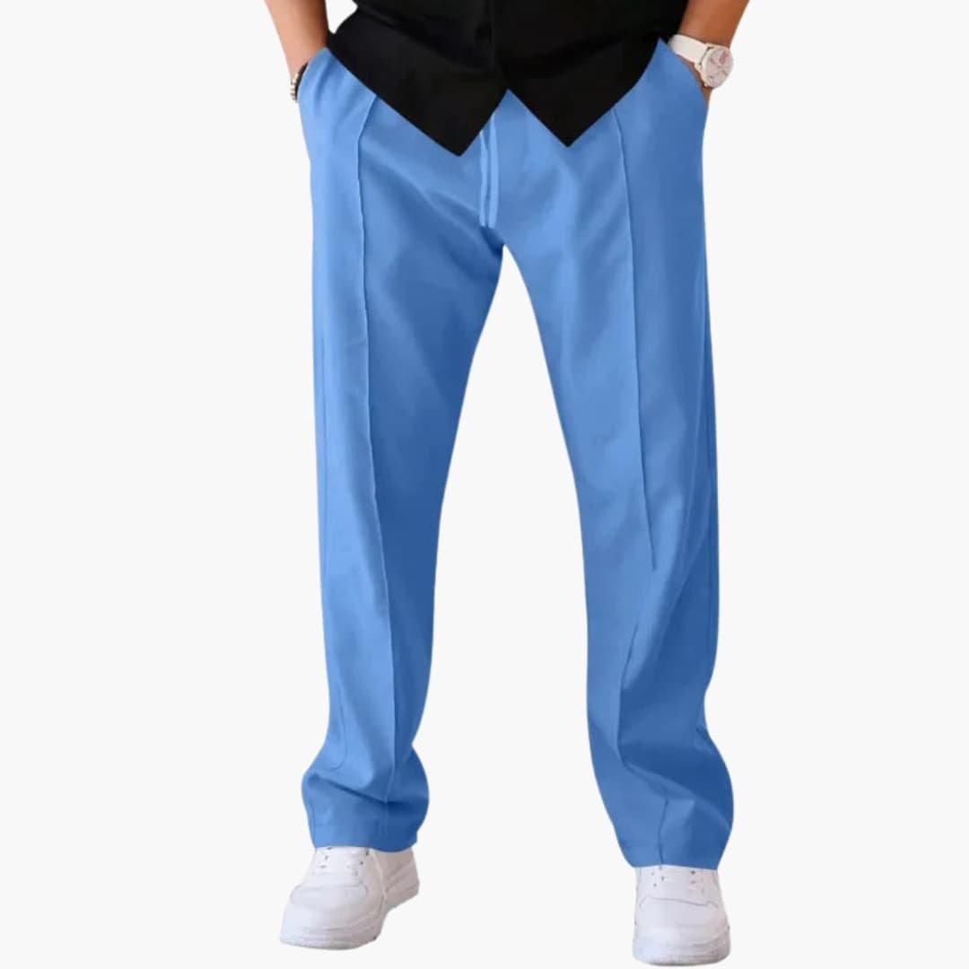 Men's loose straight-cut pants with adjustable drawstring waist, mid-rise casual everyday style