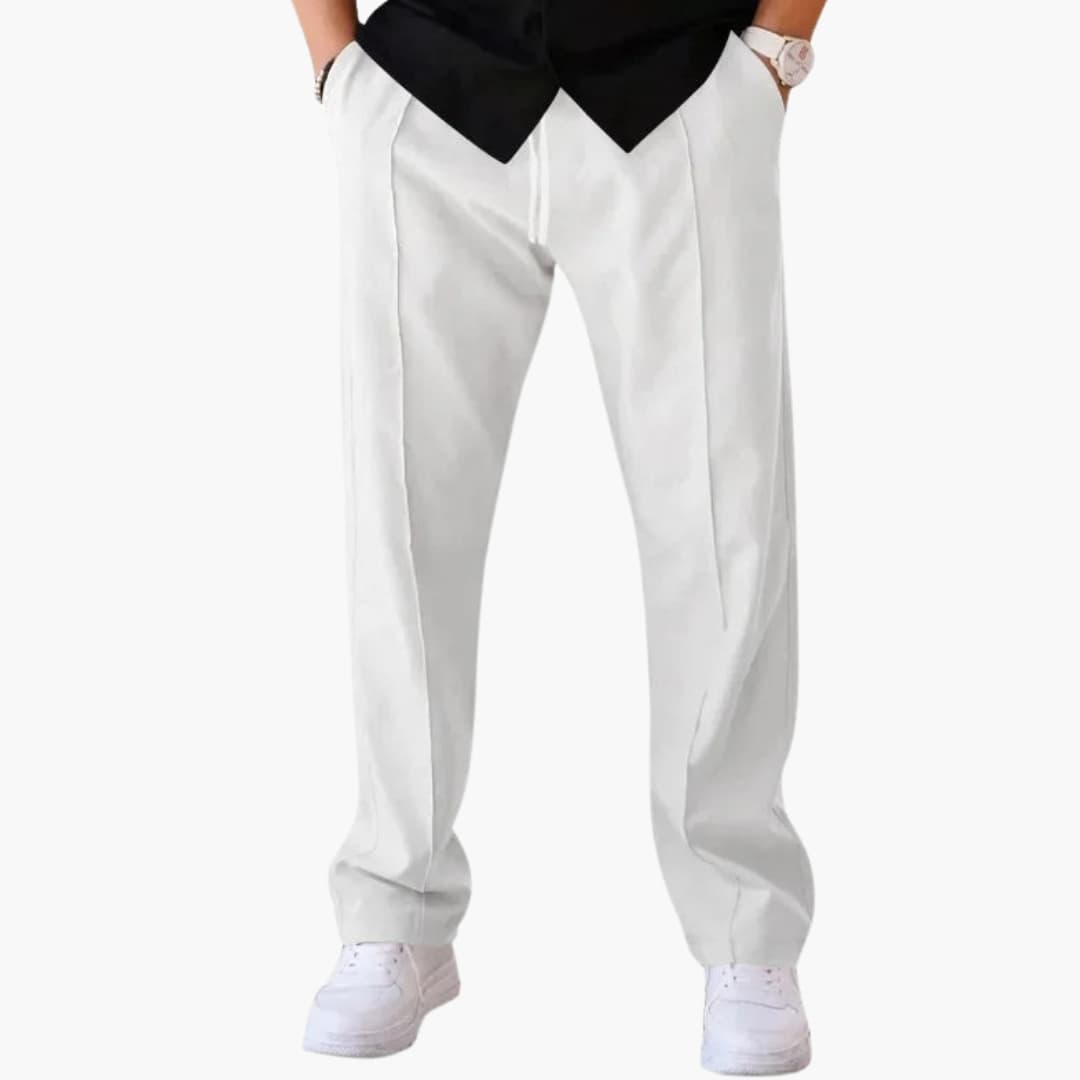 Men's loose straight-cut pants with adjustable drawstring waist, casual mid-rise everyday comfort
