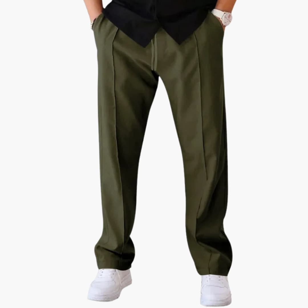 Men's loose straight-cut casual pants with adjustable drawstring mid-rise waist in neutral tone