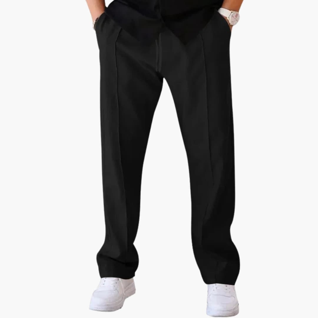 Men's loose straight-cut casual pants with adjustable drawstring waist in neutral mid-rise silhouette