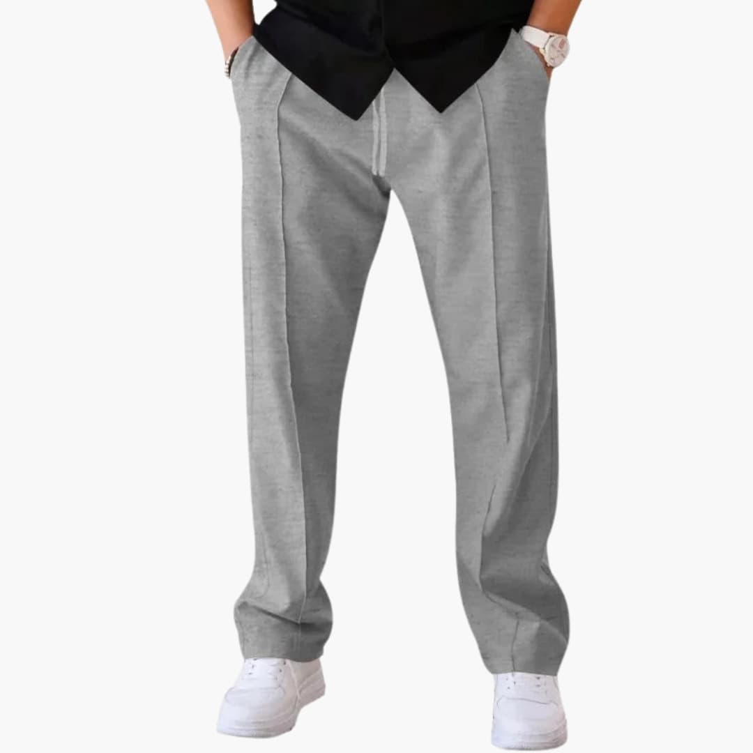 Men's loose straight-cut pants with adjustable drawstring waist, mid-rise casual everyday fit