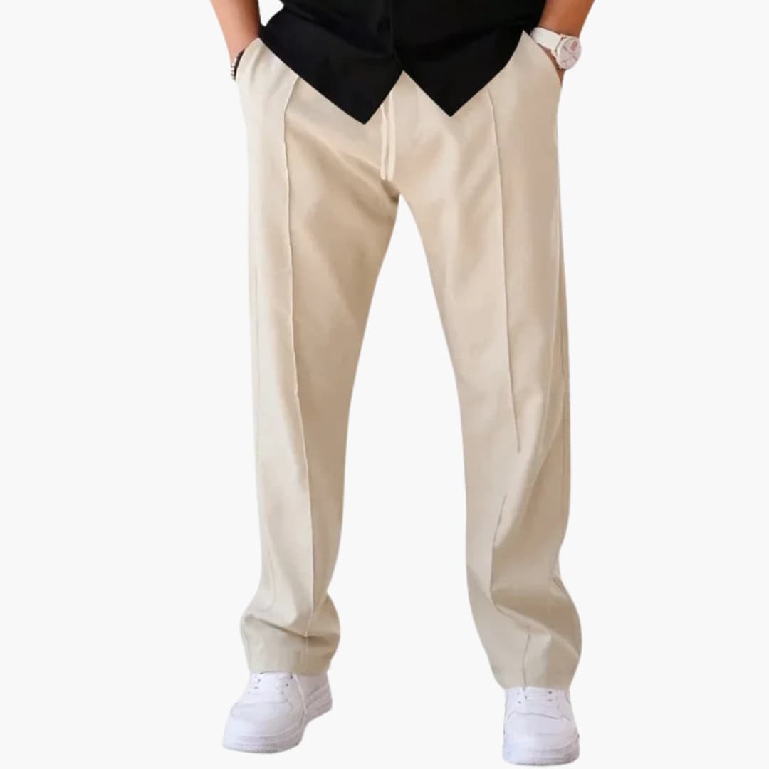 Men's loose straight-cut pants with adjustable drawstring waist, mid-rise casual everyday style