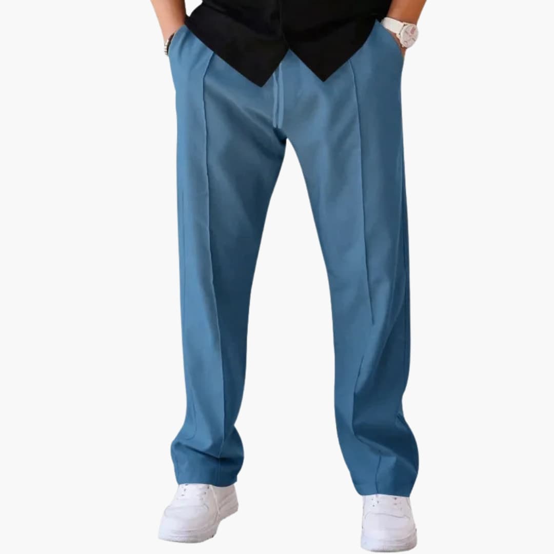 Men's loose straight-cut pants with adjustable drawstring waist, mid-rise casual everyday fit