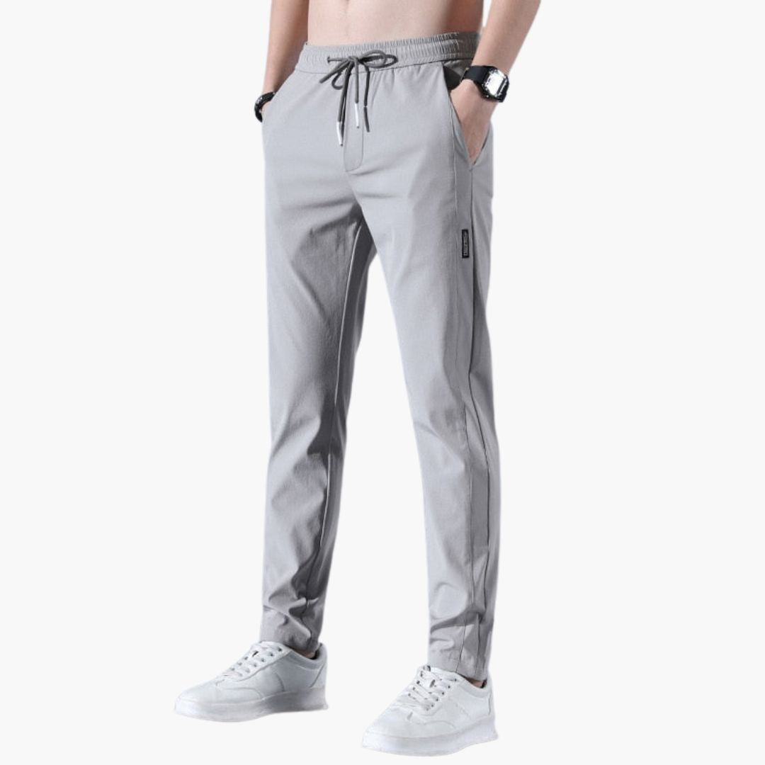 Men's gray stretch quick-dry straight-cut pants with elastic drawstring waist and side pockets