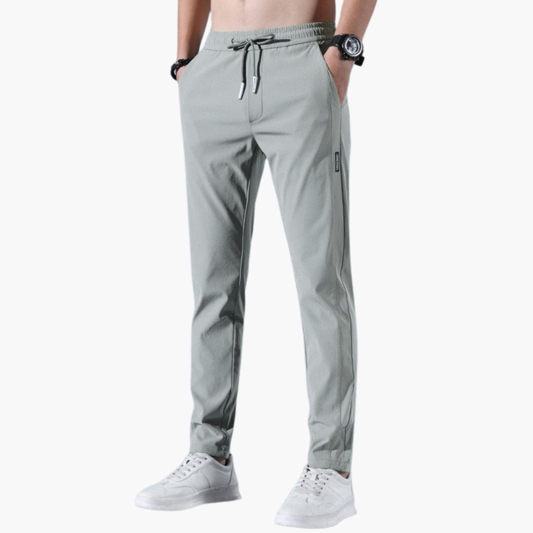 Men's gray stretch quick-dry straight-cut pants with elastic adjustable waistband and side pockets
