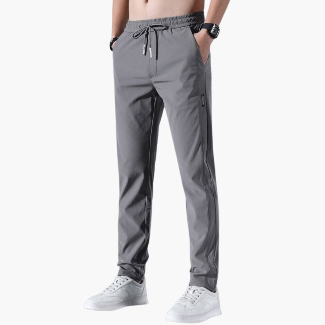 Men's gray stretch quick-dry straight-cut pants with elastic drawstring waist and side pockets