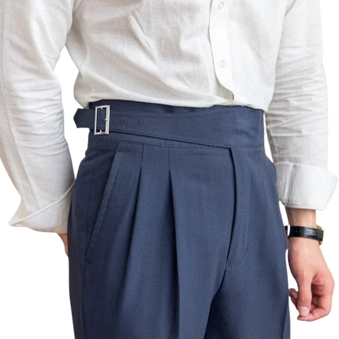 Men's high waisted pants with adjustable buckle closure, structured waistband, modern tailored fit
