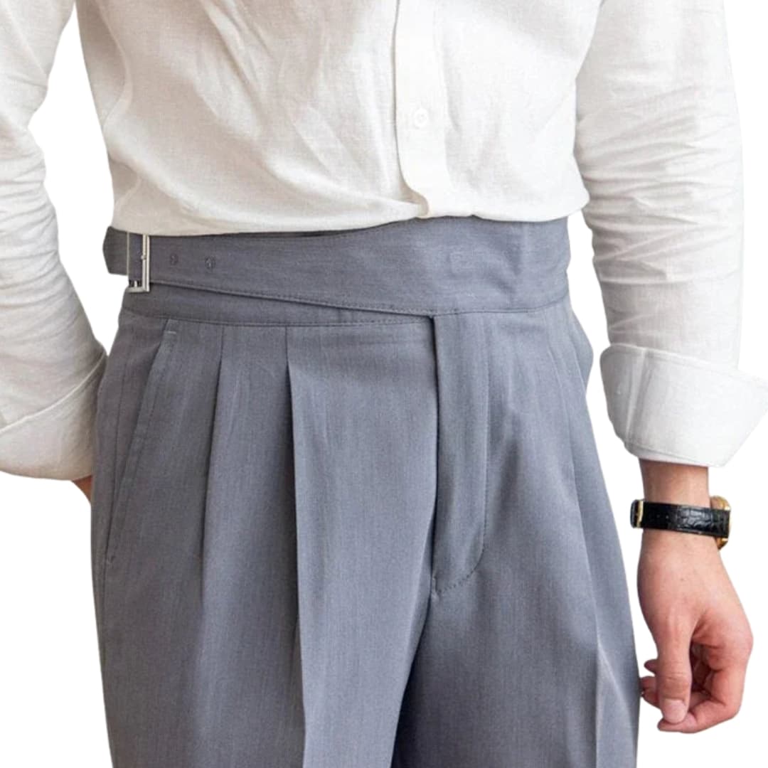 Men's high waisted dress pants with adjustable buckle closure and structured waistband, modern fit